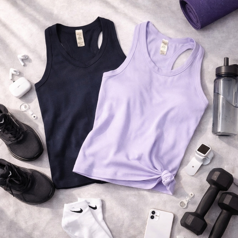 Reflex XL Ribbed Racerback Tank Top 2-Pack Black Lavender Athleisure Activewear